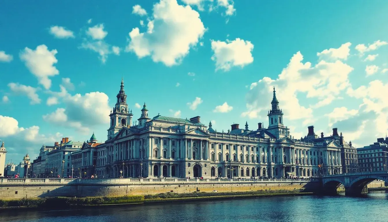 A long neoclassical public building with two spired towers on a sunlit river quay, a stone bridge at its far end